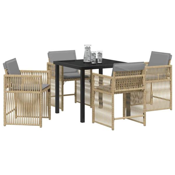 5-teiliges Garten-Esszimmer-Set mit Kissen Beige Poly Rattan