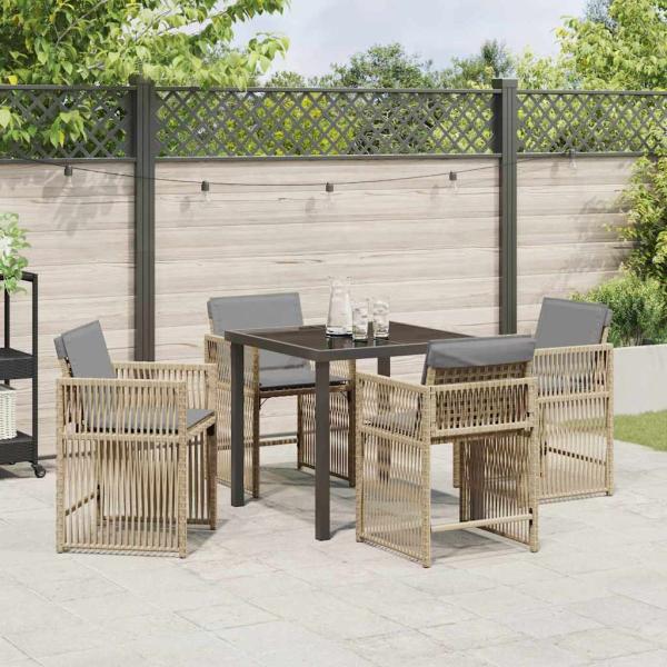 5-teiliges Garten-Esszimmer-Set mit Kissen Beige Poly Rattan