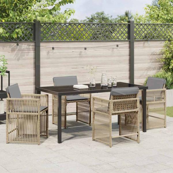 5-teiliges Garten Esszimmer Set mit Kissen Beige Poly Rattan