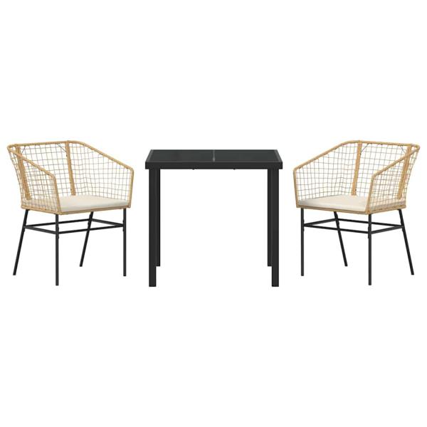 3-teiliges Garten-Essset mit Kissen Braun Poly-Rattan