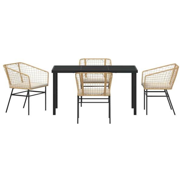 5-teiliges Garten-Ess-Set mit Kissen Braun Poly-Rattan