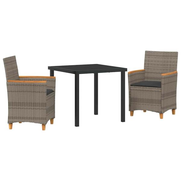 3-teiliges Garten-Dining-Set mit Kissen in Grau aus Poly-Rattan