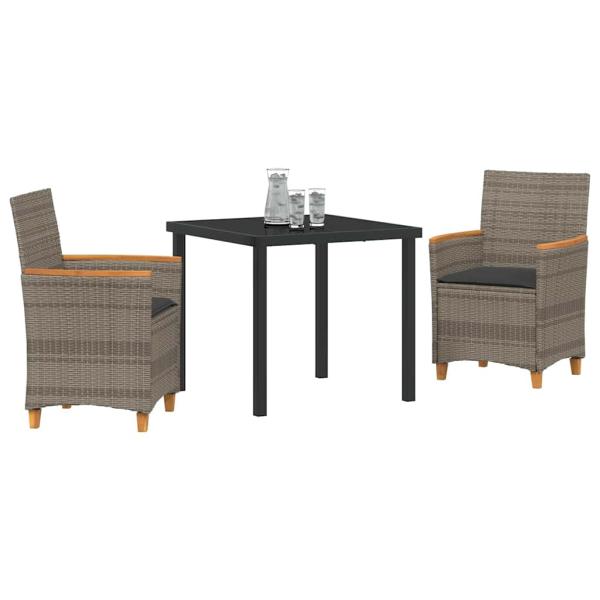 3-teiliges Garten-Dining-Set mit Kissen in Grau aus Poly-Rattan