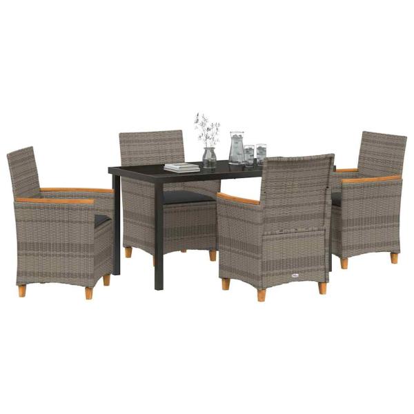 5-teiliges Garten-Ess-Set mit Kissen Grau Poly-Rattan
