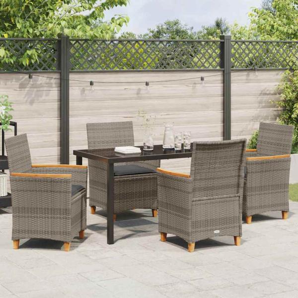 5-teiliges Garten-Ess-Set mit Kissen Grau Poly-Rattan
