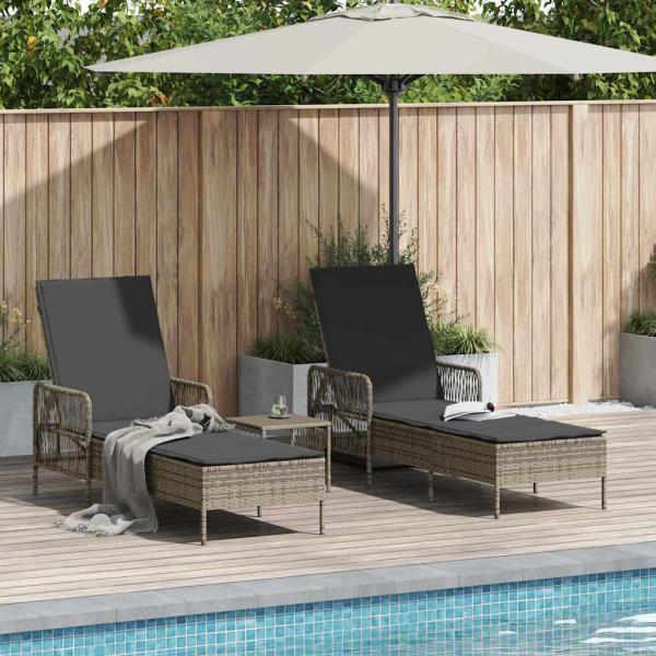 ARDEBO.de - Sonnenliege Set Set aus 3 Grau und Dunkelgrau PE Rattan