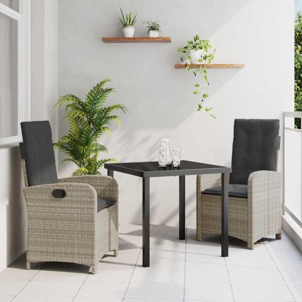 ARDEBO.de - 3-teiliges Garten-Dining-Set mit Kissen in hellgrauem Poly-Rattan
