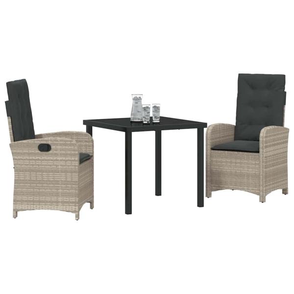 3-teiliges Garten-Dining-Set mit Kissen in hellgrauem Poly-Rattan