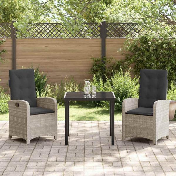 3-teiliges Garten-Dining-Set mit Kissen in hellgrauem Poly-Rattan