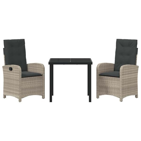 3-teiliges Garten-Dining-Set mit Kissen in hellgrauem Poly-Rattan