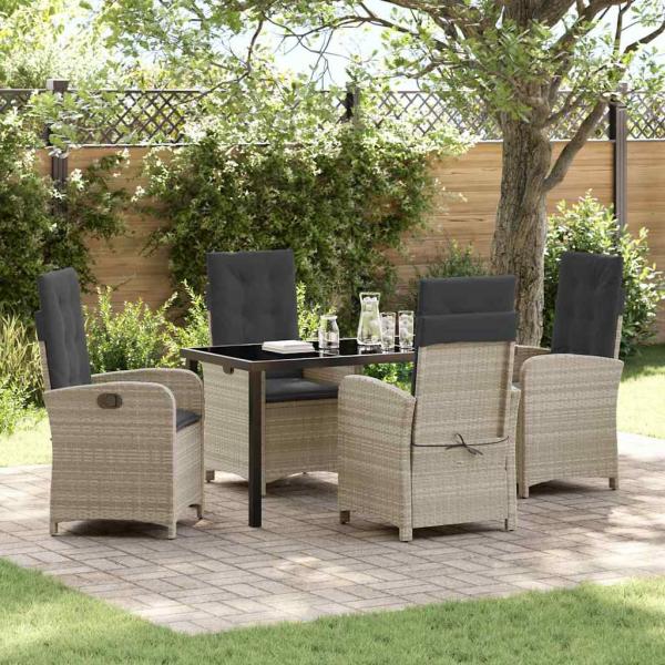 ARDEBO.de - 5-teiliges Garten-Dining-Set mit Kissen in hellgrauem Poly-Rattan