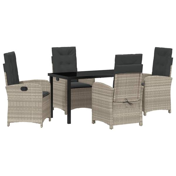 5-teiliges Garten-Dining-Set mit Kissen in hellgrauem Poly-Rattan