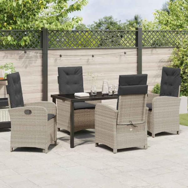 5-teiliges Garten-Dining-Set mit Kissen in hellgrauem Poly-Rattan