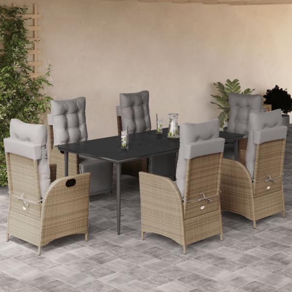ARDEBO.de - 7-tlg. Garten-Essgruppe mit Kissen Beigemischung Poly Rattan