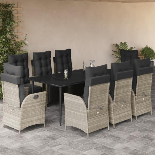 ARDEBO.de - 9-tlg. Garten-Essgruppe mit Kissen Hellgrau Poly Rattan