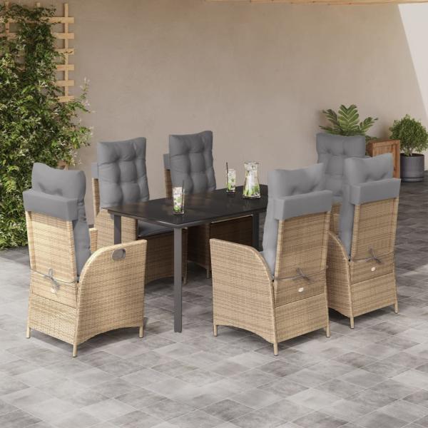 ARDEBO.de - 7-tlg. Garten-Essgruppe mit Kissen Beige Poly Rattan