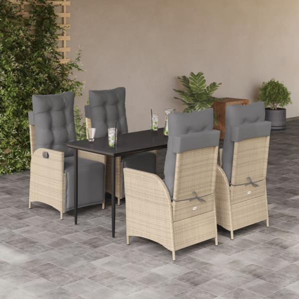 ARDEBO.de - 5-tlg. Garten-Essgruppe mit Kissen Beigemischung Poly Rattan
