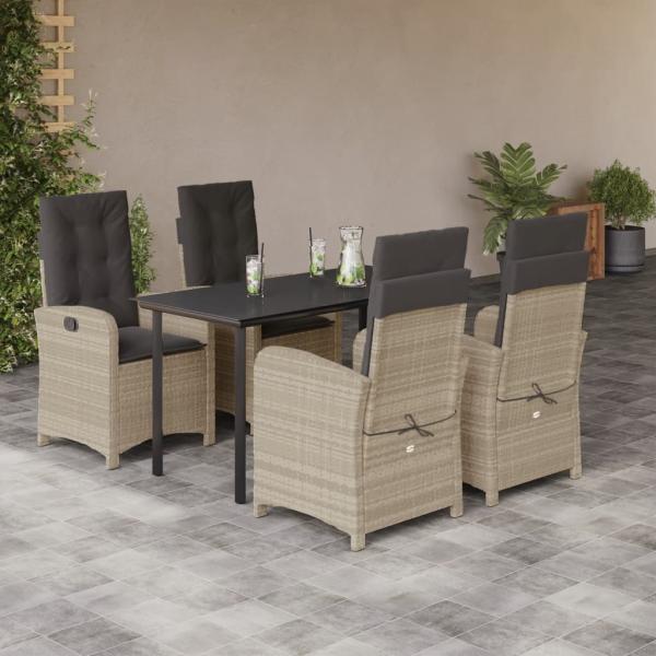 ARDEBO.de - 5-tlg. Garten-Essgruppe mit Kissen Hellgrau Poly Rattan