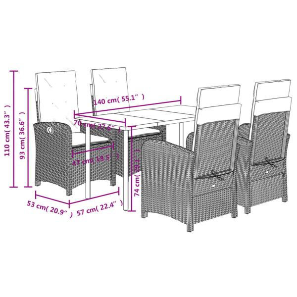 5-tlg. Garten-Essgruppe mit Kissen Hellgrau Poly Rattan