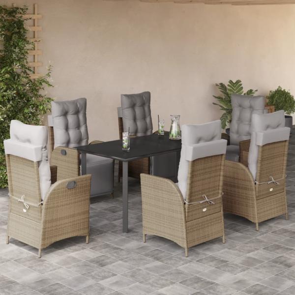 ARDEBO.de - 7-tlg. Garten-Essgruppe mit Kissen Beigemischung Poly Rattan