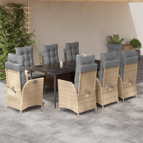ARDEBO.de - 9-tlg. Garten-Essgruppe mit Kissen Beige Poly Rattan