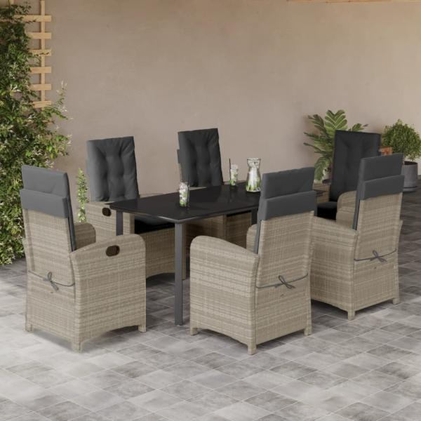 ARDEBO.de - 7-tlg. Garten-Essgruppe mit Kissen Hellgrau Poly Rattan