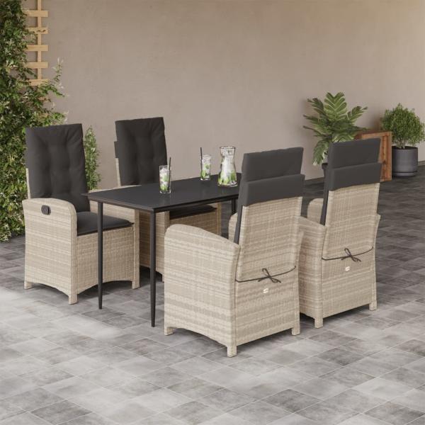 ARDEBO.de - 5-tlg. Garten-Essgruppe mit Kissen Hellgrau Poly Rattan