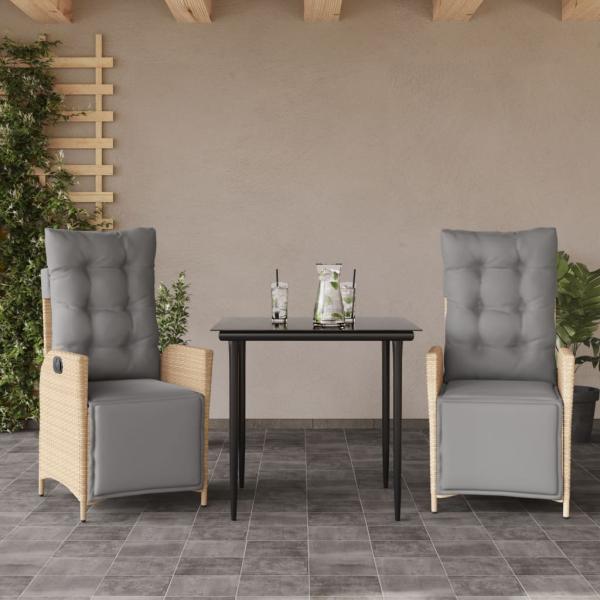 ARDEBO.de - 3-tlg. Garten-Essgruppe mit Kissen Beigemischung Poly Rattan