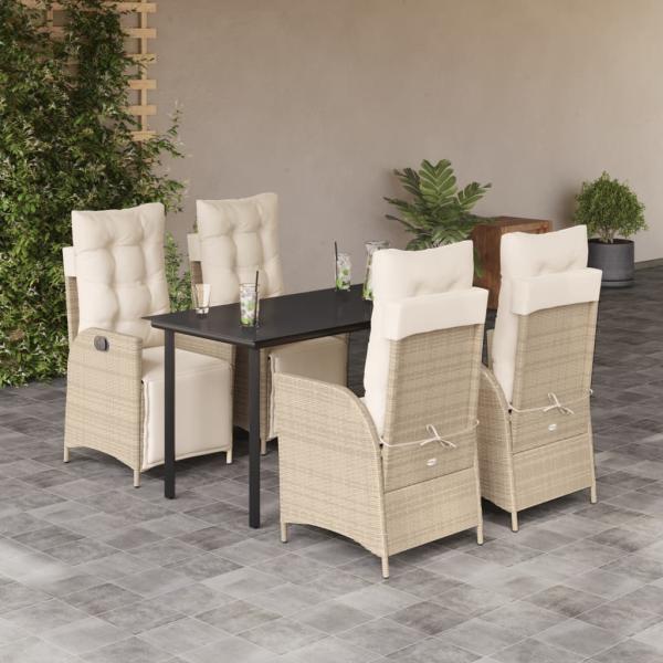ARDEBO.de - 5-tlg. Garten-Essgruppe mit Kissen Beige Poly Rattan