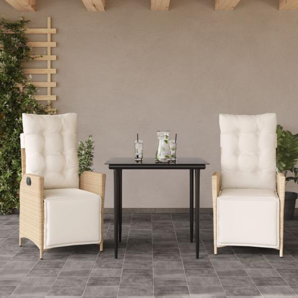 ARDEBO.de - 3-tlg. Garten-Essgruppe mit Kissen Beige Poly Rattan