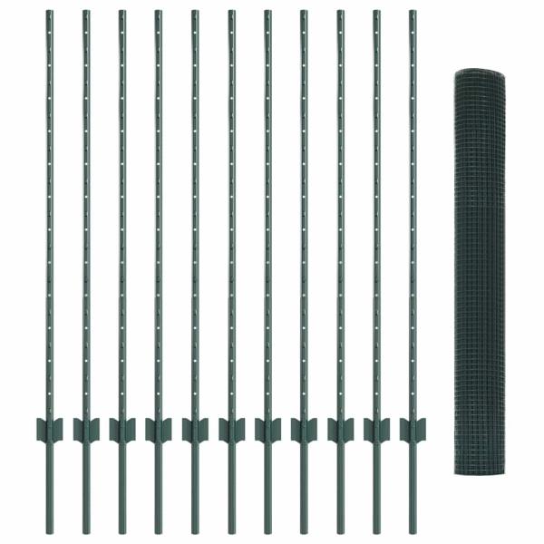 Geknoteter Drahtzaun mit 11 U-Pfosten Grün 1.2x25 m Stahl