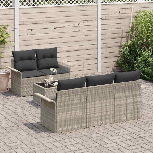 6-teiliges Garten Sofa Set mit Kissen Hellgrau Poly Rattan