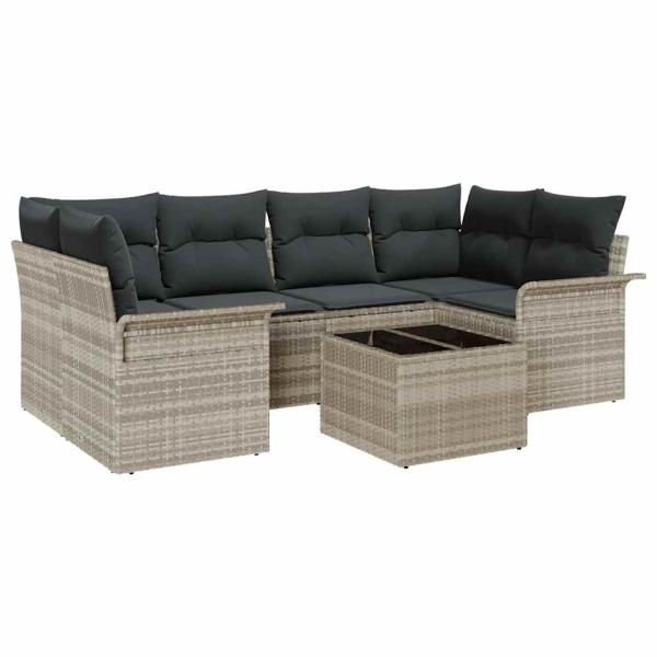 7-teiliges Garten-Sofa-Set mit Kissen Hellgrau Poly-Rattan