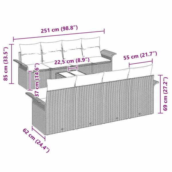 Gartensofa-set mit Kissen 9 pcs Braun Poly-Rattan