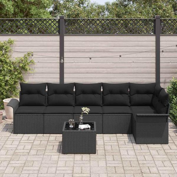 7-teiliges Garten-Sofa-Set mit Kissen in beigem Poly-Rattan
