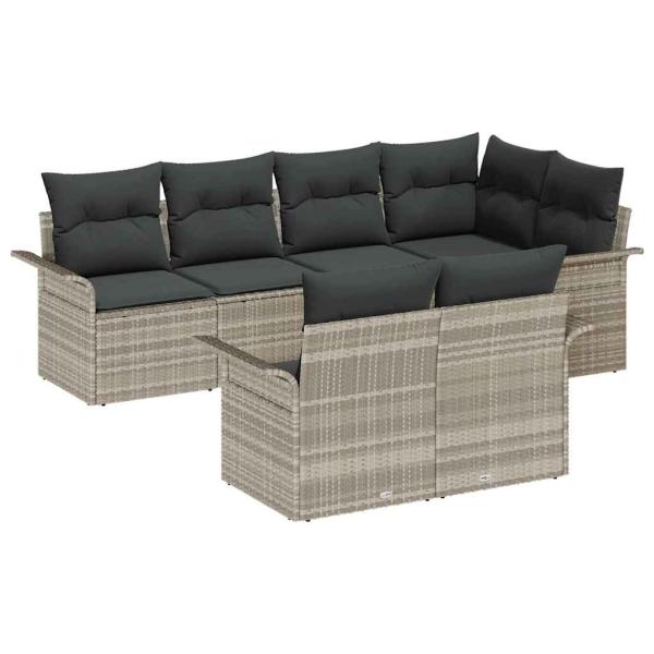 7-teiliges Garten Sofa Set mit Kissen Hellgrau Poly Rattan