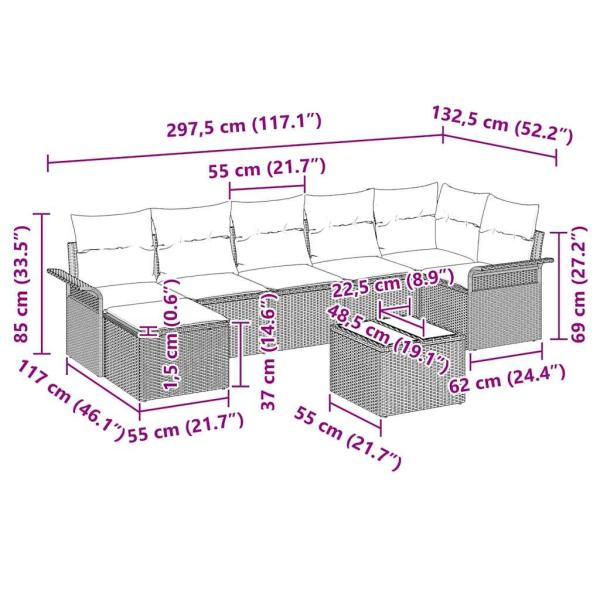 8-teiliges Garten-Sofaset mit Kissen Beige Poly Rattan