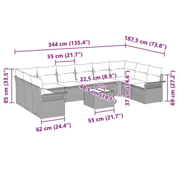 11-teiliges Garten Sofa Set mit Kissen Beige Poly-Rattan