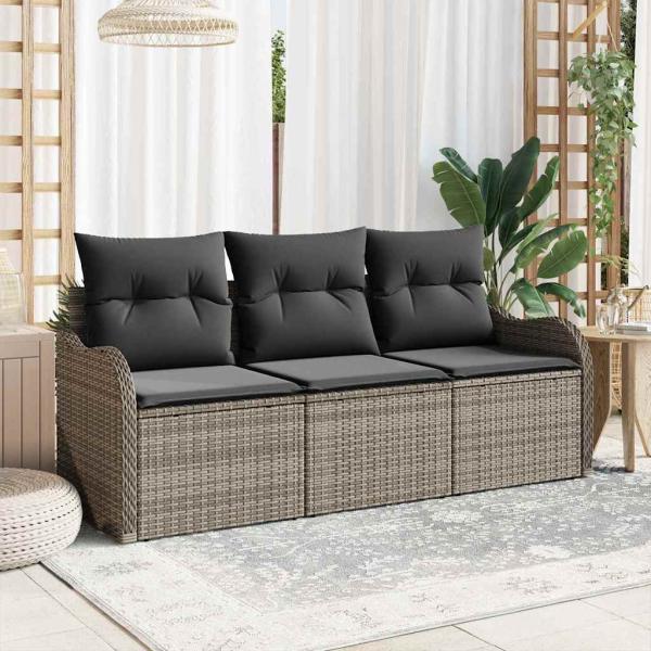 ARDEBO.de - 3-teiliges Garten Sofa Set mit Kissen Grau Poly Rattan