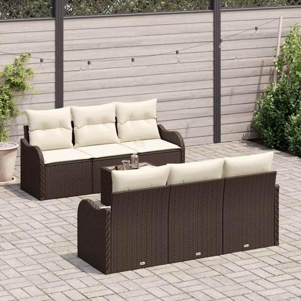 7-teiliges Garten-Sofa-Set mit Kissen in braunem Poly-Rattan