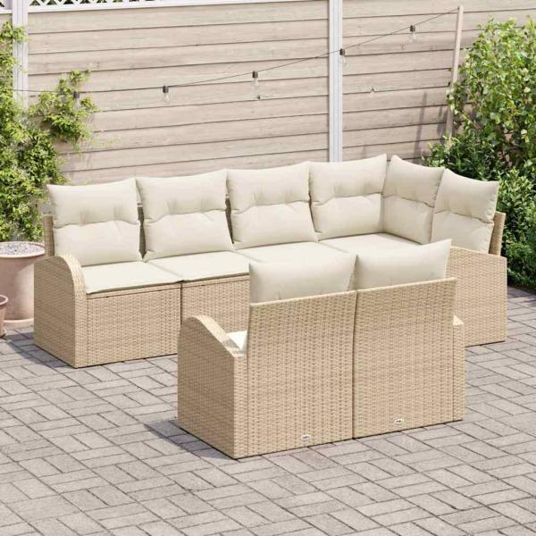 7-teiliges Garten Sofa Set mit Kissen Beige Poly Rattan