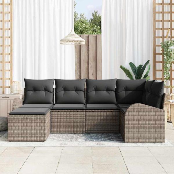 6-teiliges Garten-Sofa-Set mit Kissen in Grau aus Poly-Rattan