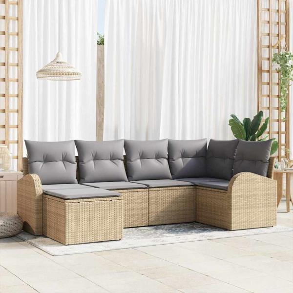 ARDEBO.de - 6-teiliges Garten Sofa Set mit Kissen Beigefarbenes Poly Rattan
