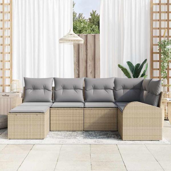6-teiliges Garten Sofa Set mit Kissen Beigefarbenes Poly Rattan