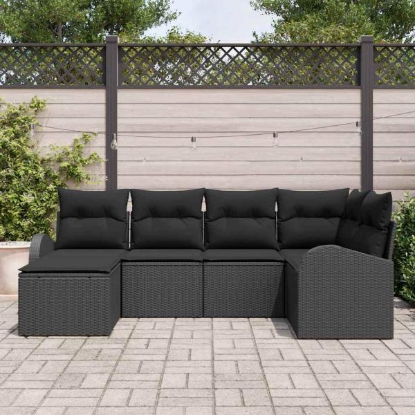6-teiliges Garten Sofa Set mit Kissen Schwarz Poly Rattan