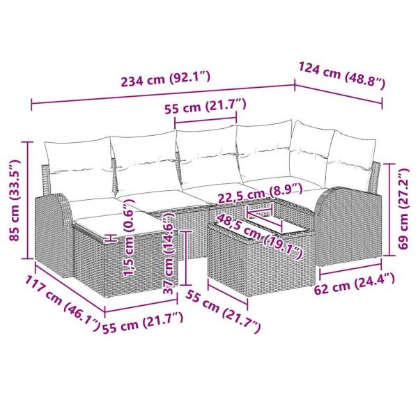 6-teiliges Garten-Sofa-Set mit Kissen Braun Poly-Rattan
