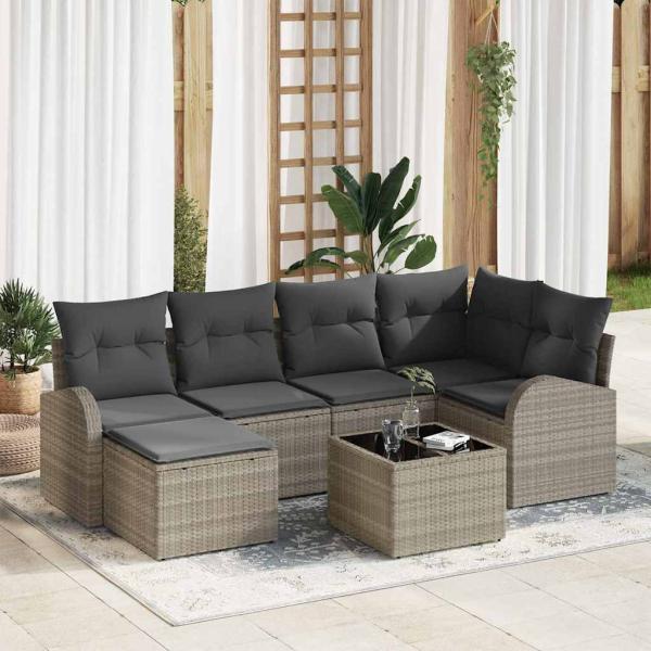 ARDEBO.de - 7-teiliges Garten Sofa Set mit Kissen Grau Poly Rattan