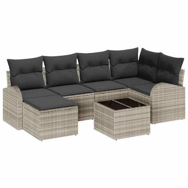 7-teiliges Garten Sofa Set mit Kissen Grau Poly Rattan