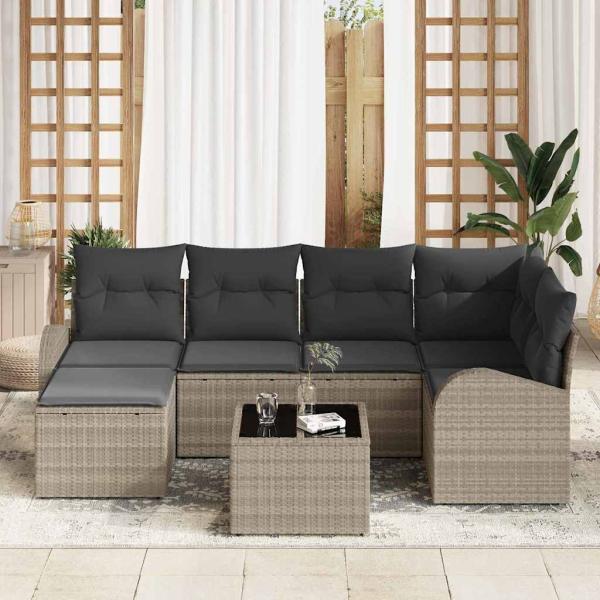 7-teiliges Garten Sofa Set mit Kissen Grau Poly Rattan