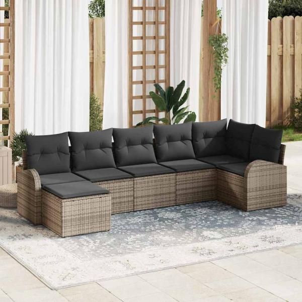 ARDEBO.de - Garten Sofa Set Set von 7 Grau Rattan, Polyesterkissen